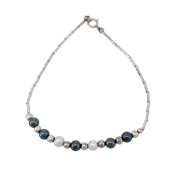 Vintage Sterling Silver 925 Pearl Bead Bracelet 7" - Picture 2 of 5